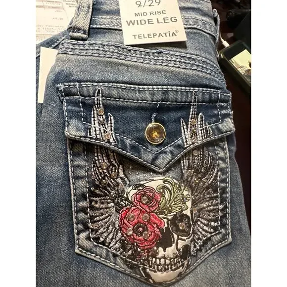 Telepatía Mid-Rise, Wide-Leg Denim Stretch Embellished Jeans Women’s 9/29 Skull - Picture 5 of 12